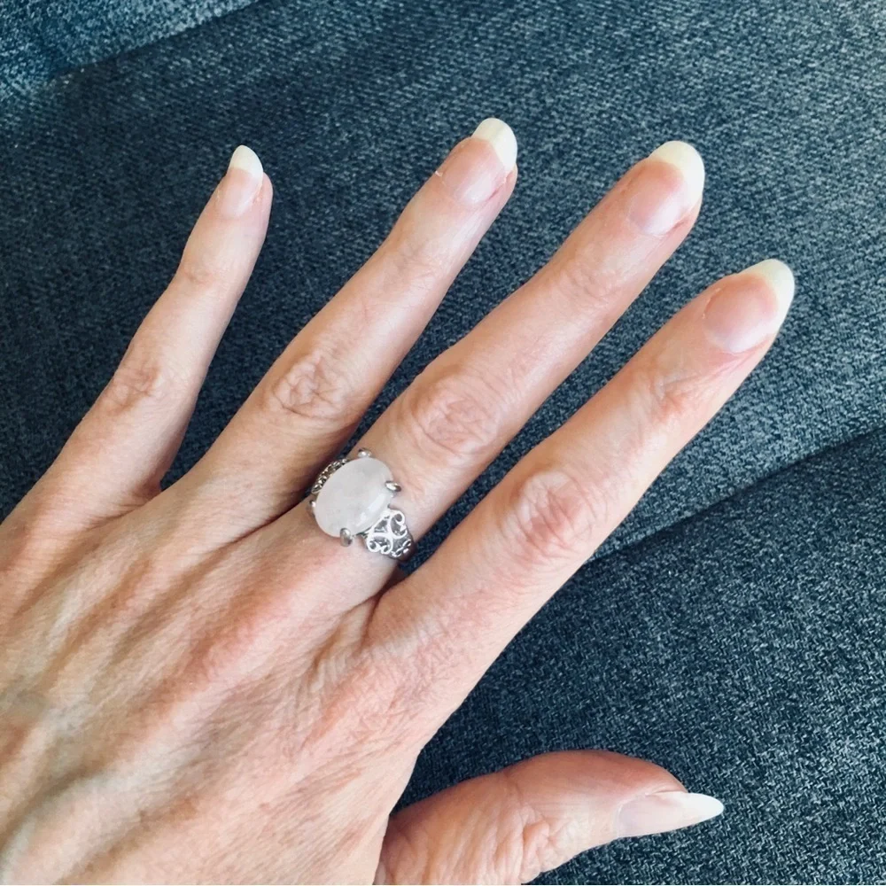 Light Pink Rose Quartz Stone + Silver Fashion Ring